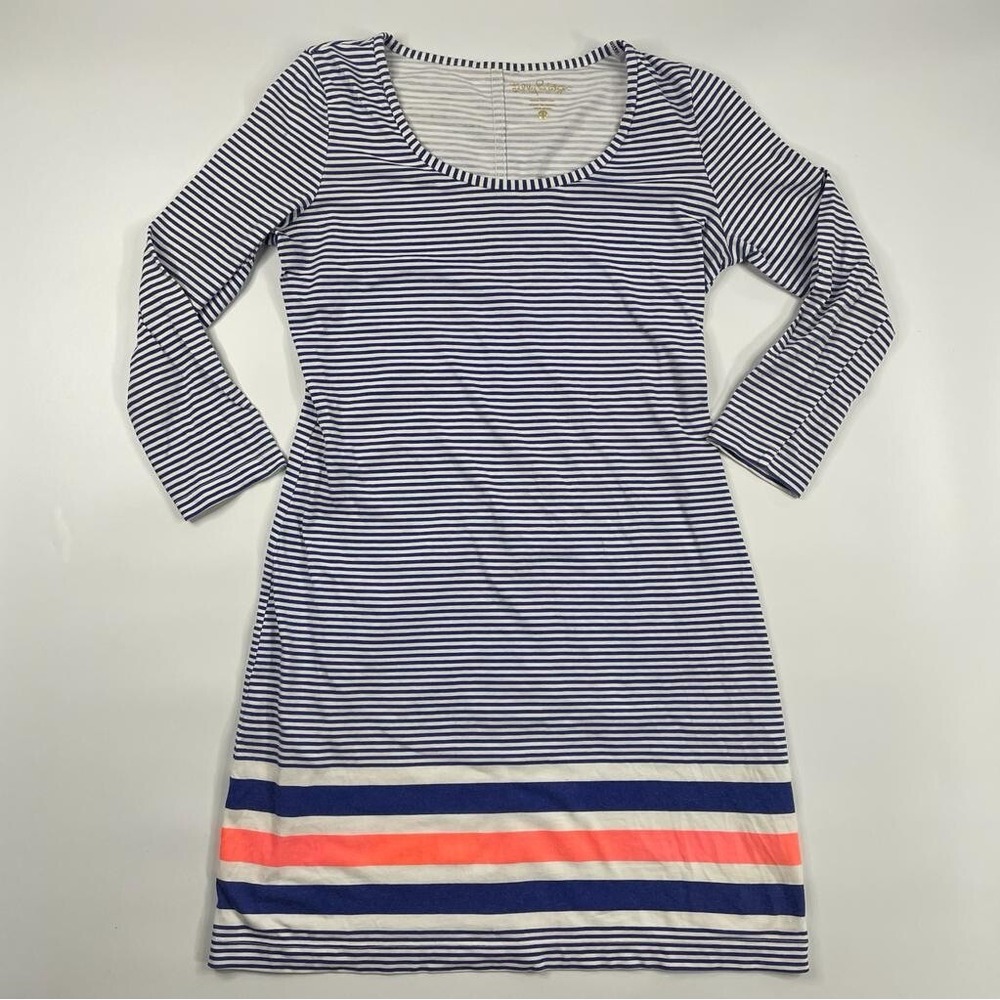 Lilly Pulitzer Navy and White Striped Long Sleeve Dress with Coral Accent